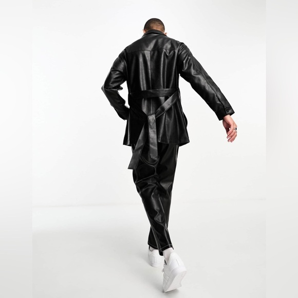 ASOS DESIGN Men’s Faux Leather Belted Trench Coat In Black Size: XL - Picture 3 of 15